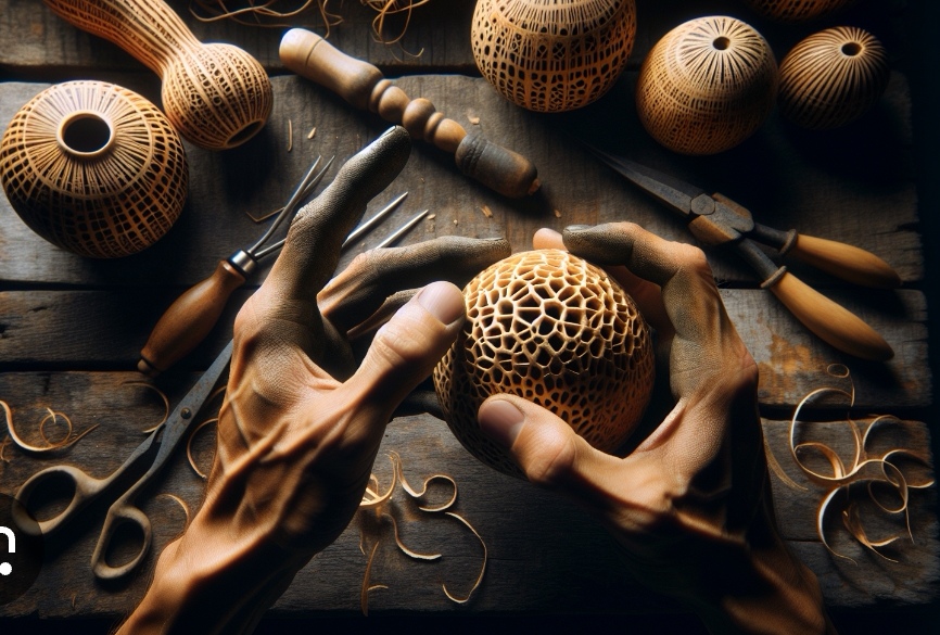 Artisan sculptant une pièce de bois finement ajourée